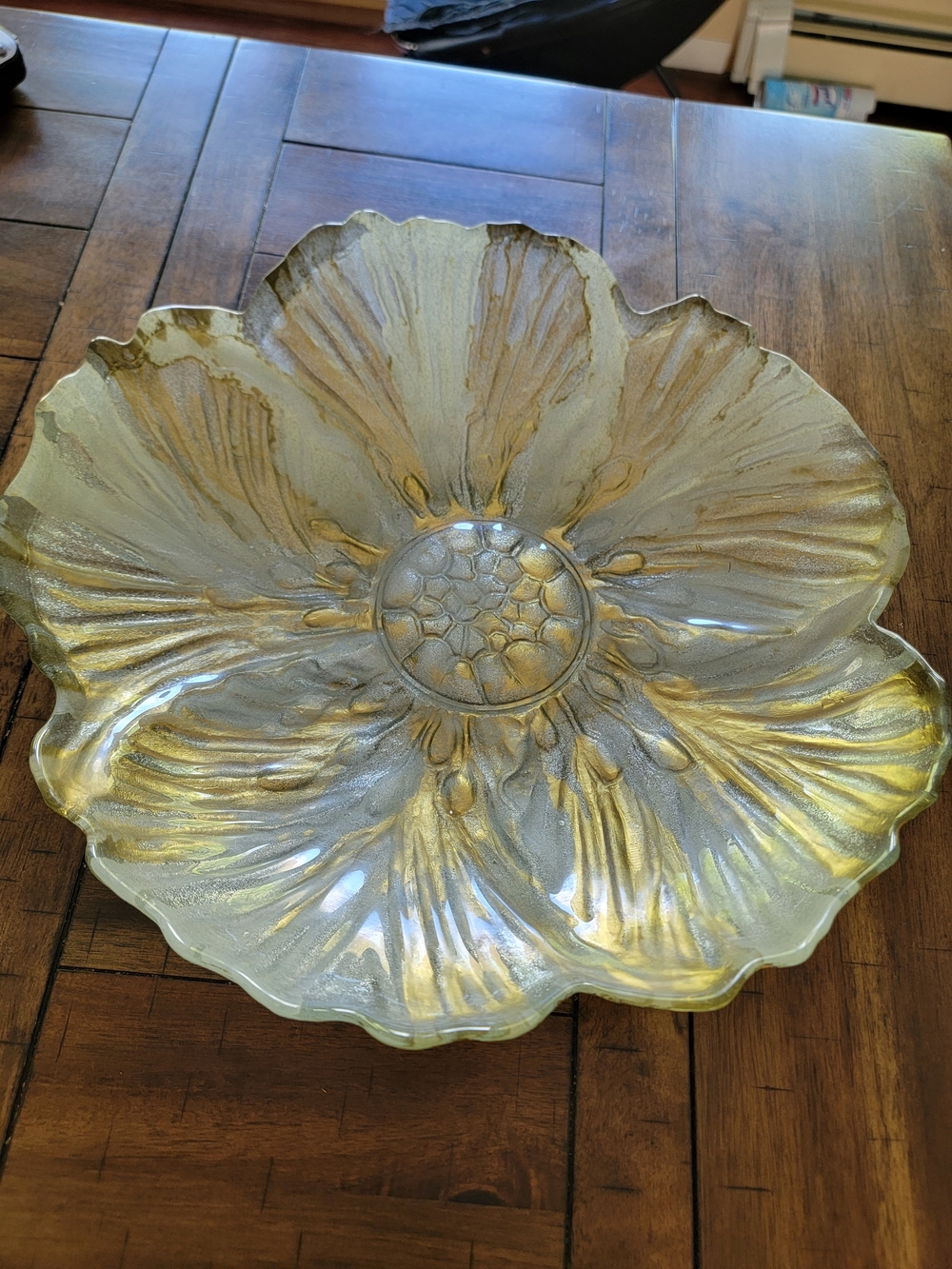 Large Floral Glass Bowl in Iridescent Gold